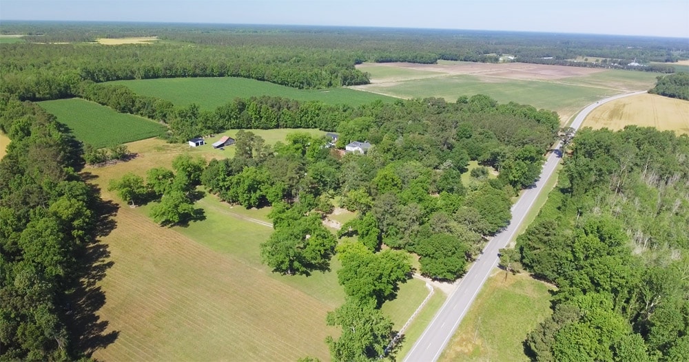 drone flies over a tanglewood plantation venue