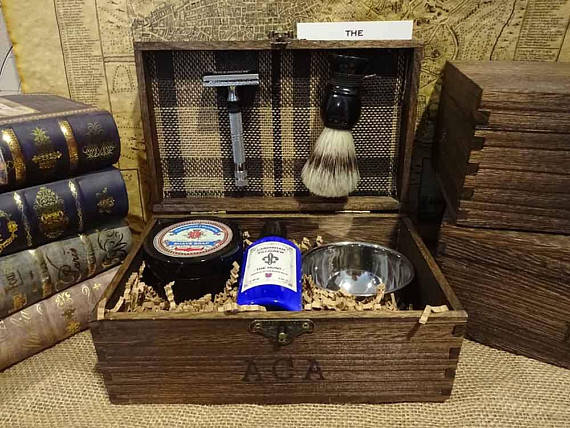 Groomsmen shave kit in rustic wooden box
