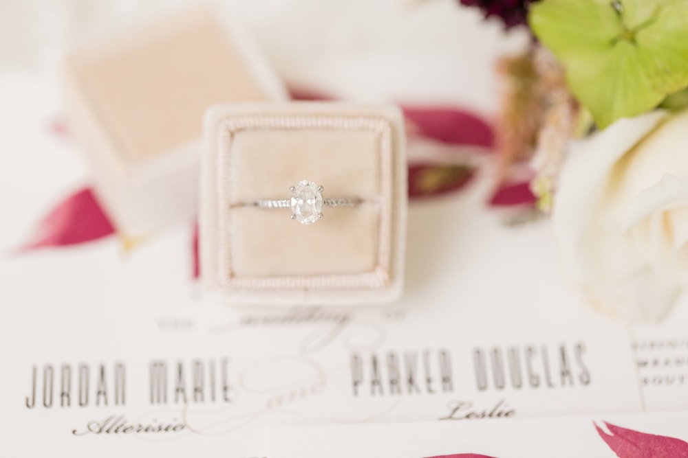 photograph of brides ring and invitations