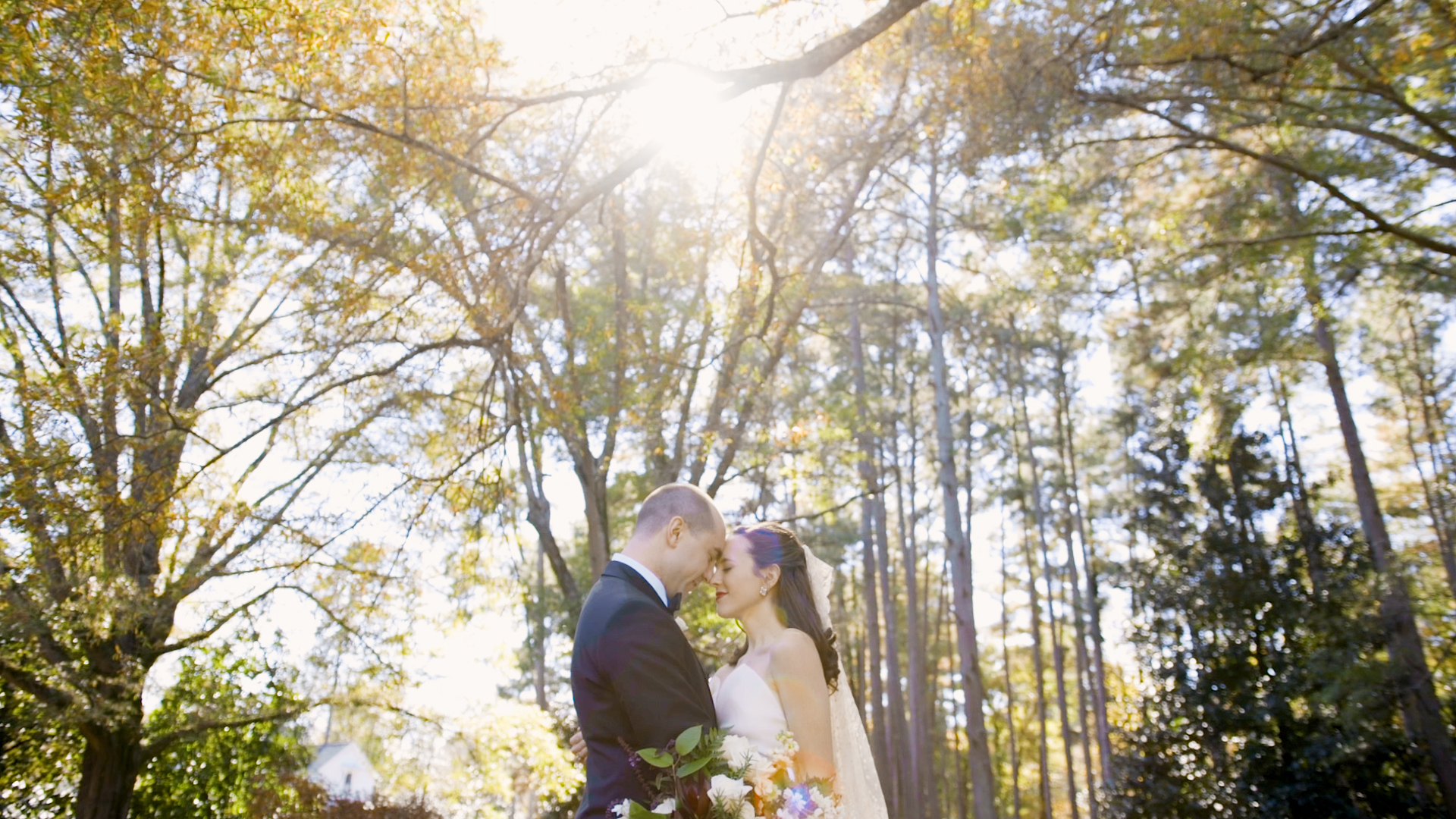 bride and groom surrounded by trees with sun flare